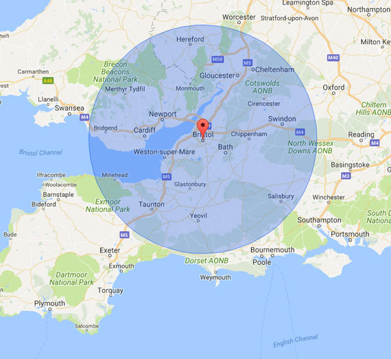 map with Bristol in the centre and a coloured transparent circle showing a 50 mile radius.